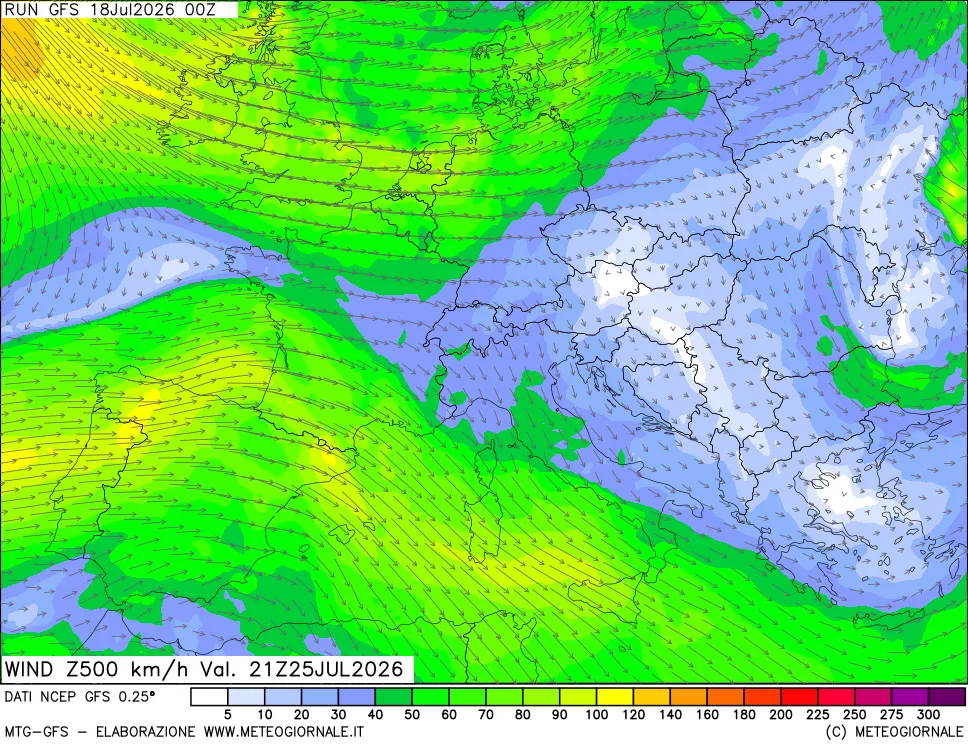 mappa 500 hPa Vento forza e direzione