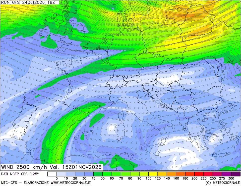 mappa 500 hPa Vento forza e direzione