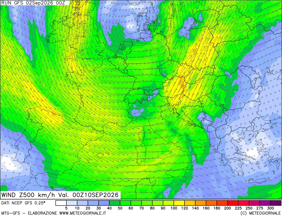 mappa 500 hPa Vento forza e direzione