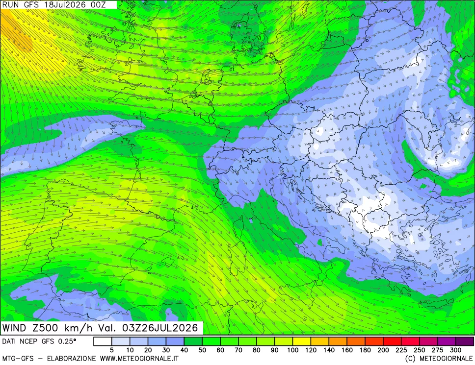 mappa 500 hPa Vento forza e direzione