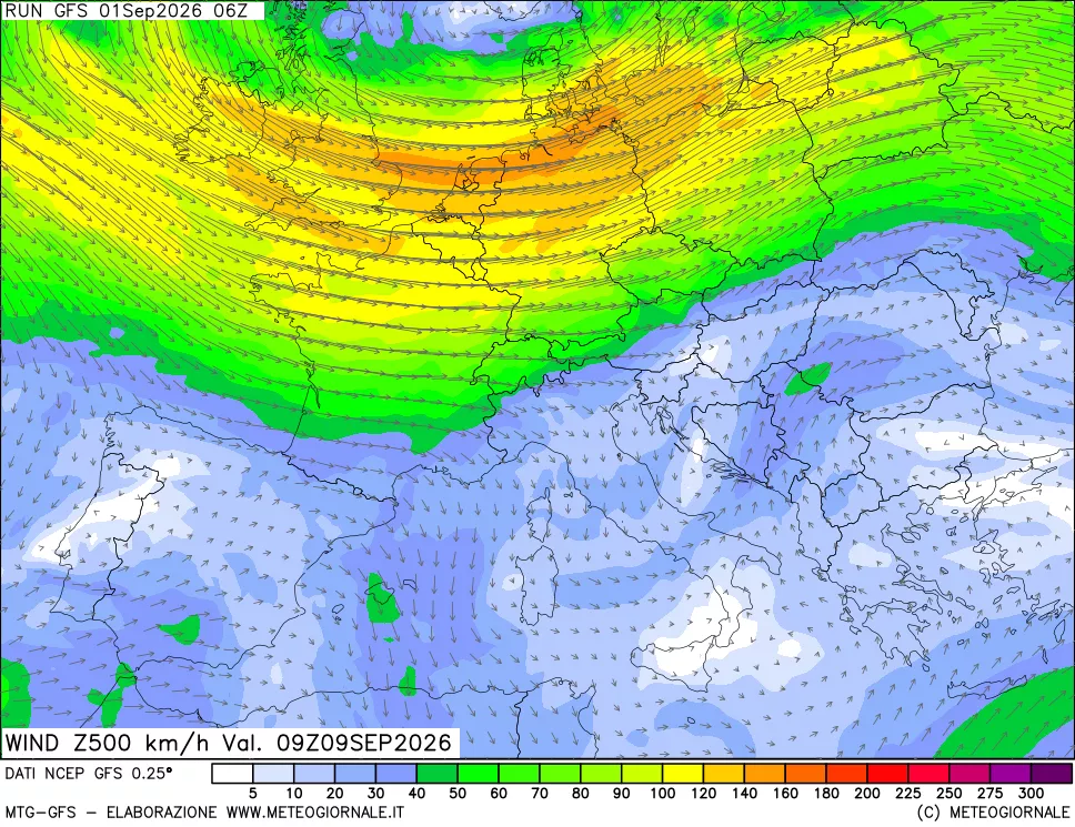 mappa 500 hPa Vento forza e direzione