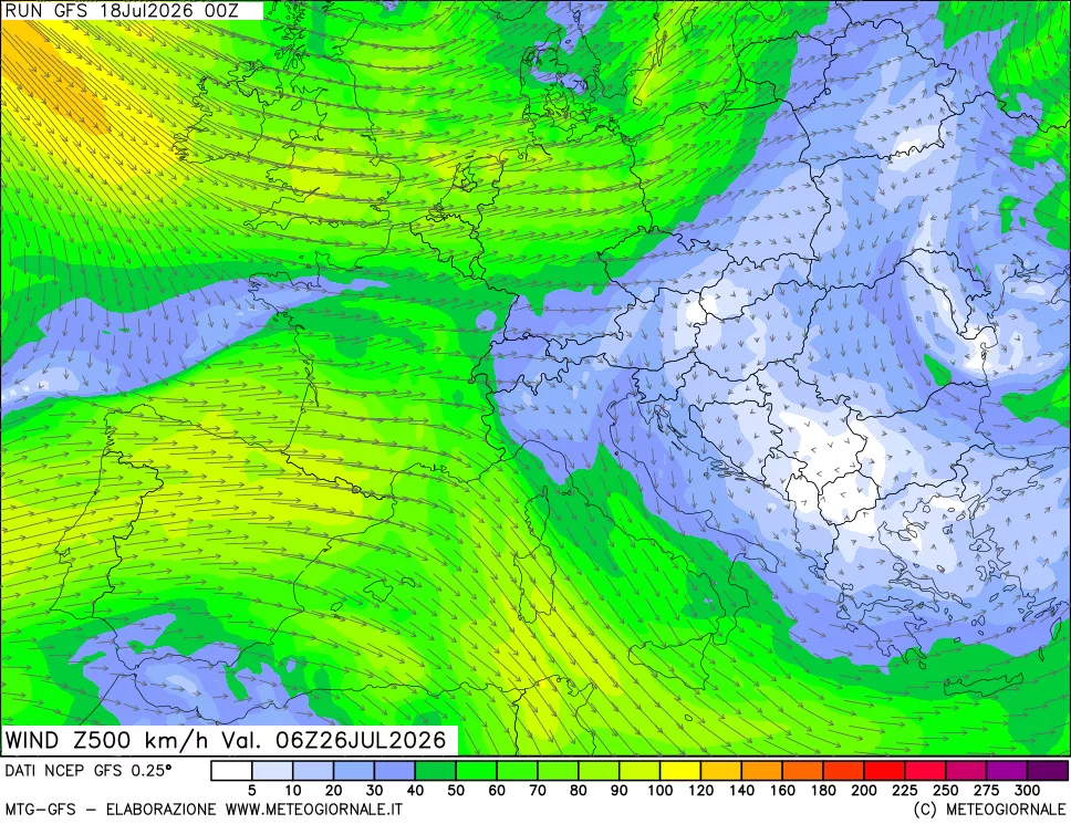 mappa 500 hPa Vento forza e direzione