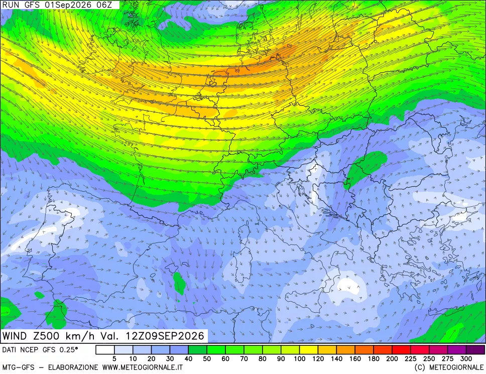 mappa 500 hPa Vento forza e direzione