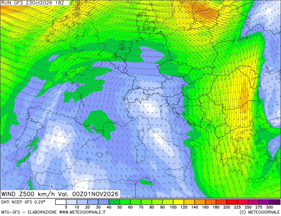 mappa 500 hPa Vento forza e direzione
