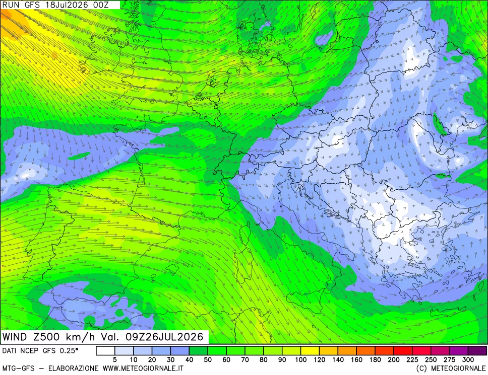 mappa 500 hPa Vento forza e direzione