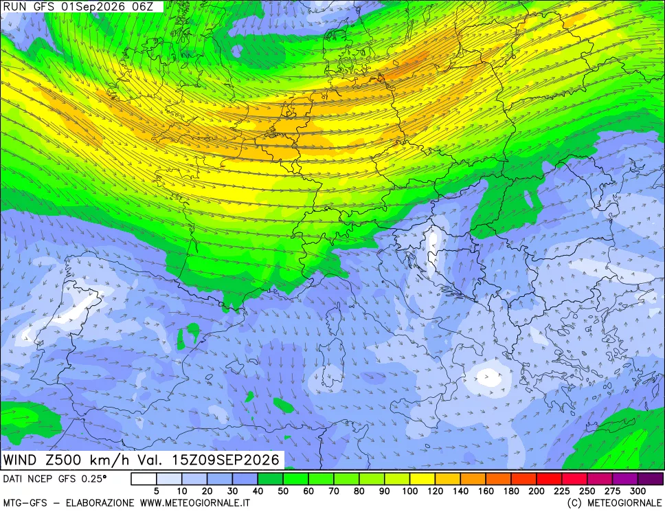 mappa 500 hPa Vento forza e direzione