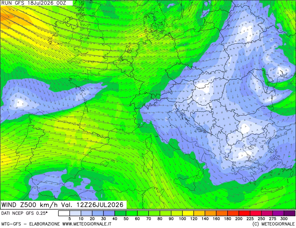 mappa 500 hPa Vento forza e direzione