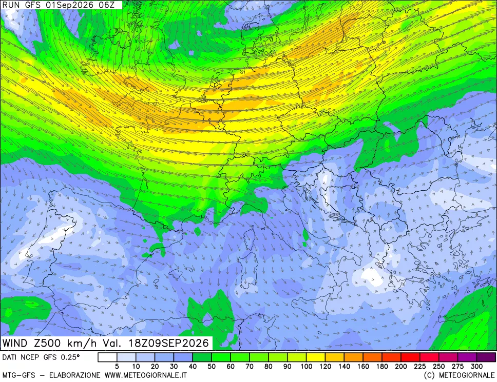 mappa 500 hPa Vento forza e direzione