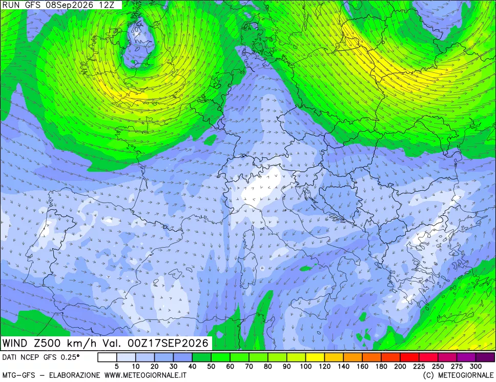 mappa 500 hPa Vento forza e direzione