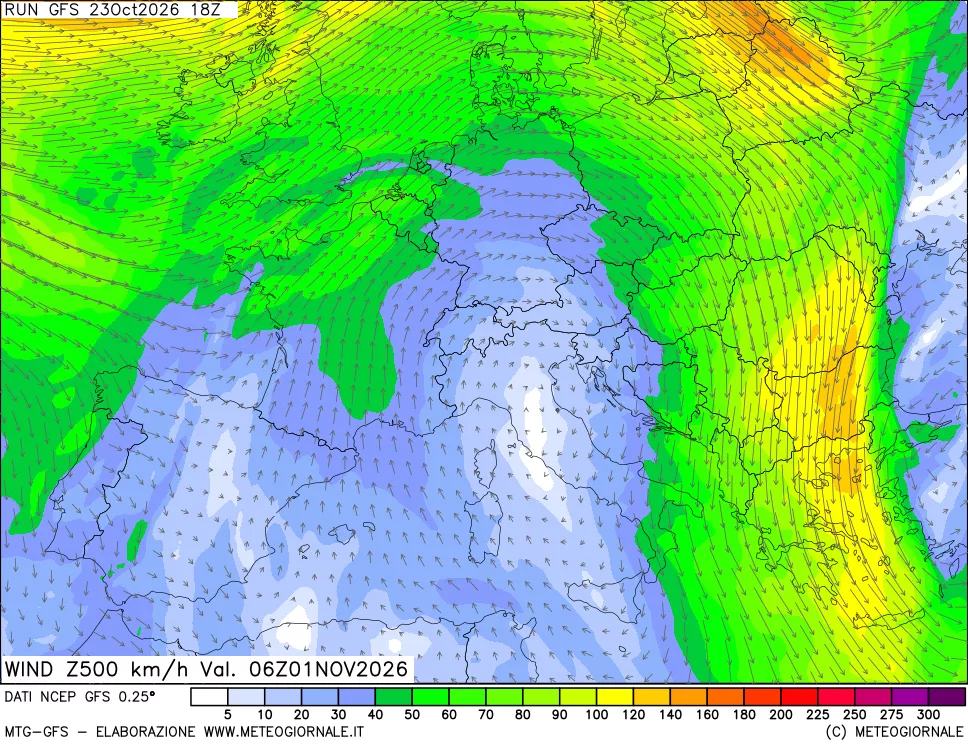 mappa 500 hPa Vento forza e direzione