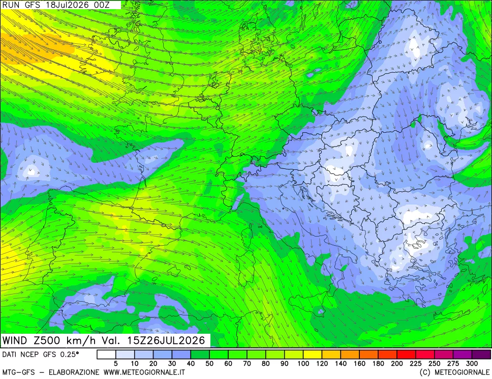 mappa 500 hPa Vento forza e direzione