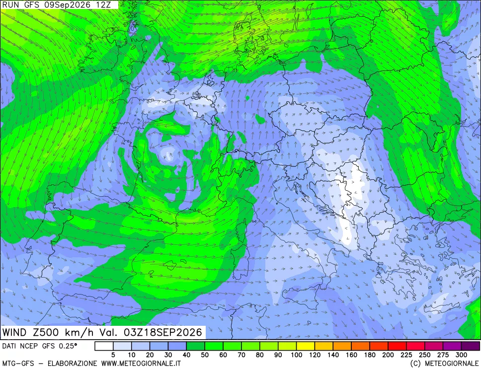 mappa 500 hPa Vento forza e direzione