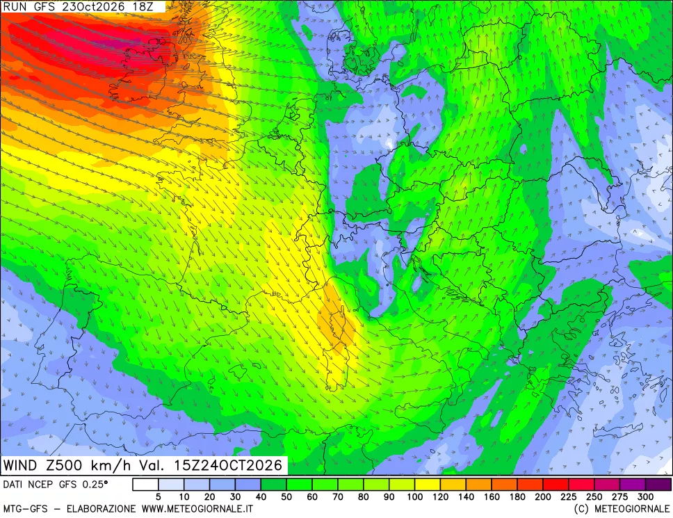 mappa 500 hPa Vento forza e direzione