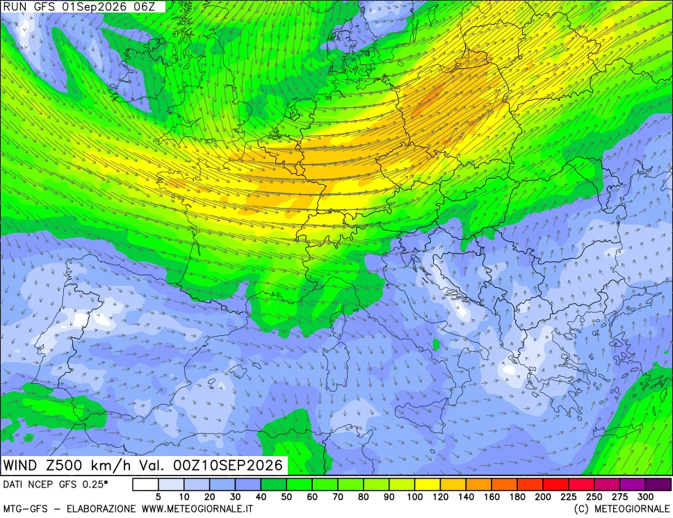 mappa 500 hPa Vento forza e direzione