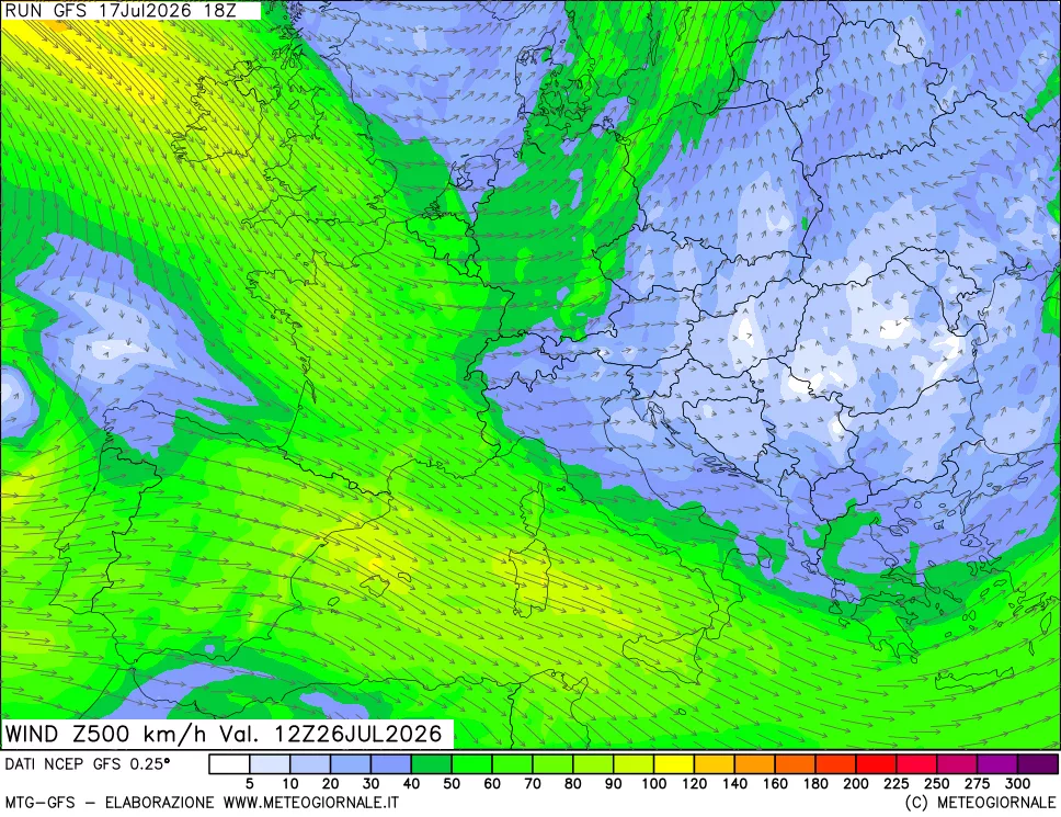mappa 500 hPa Vento forza e direzione
