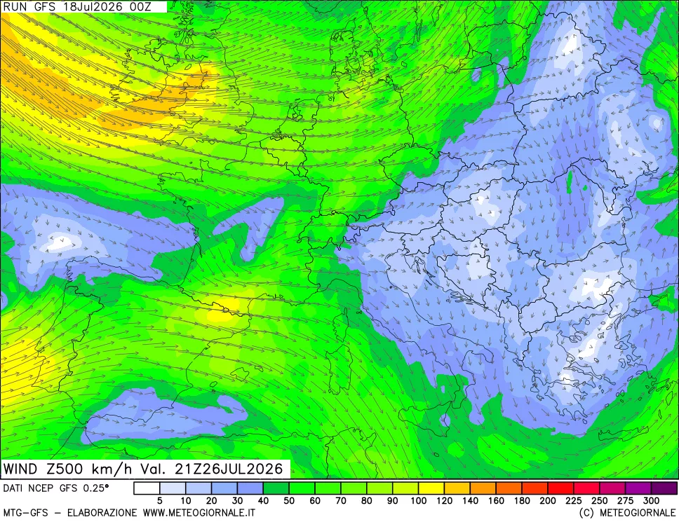 mappa 500 hPa Vento forza e direzione
