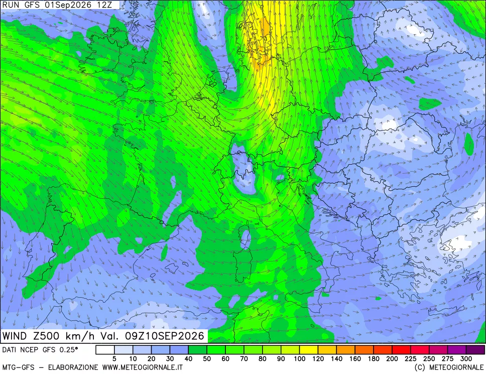 mappa 500 hPa Vento forza e direzione