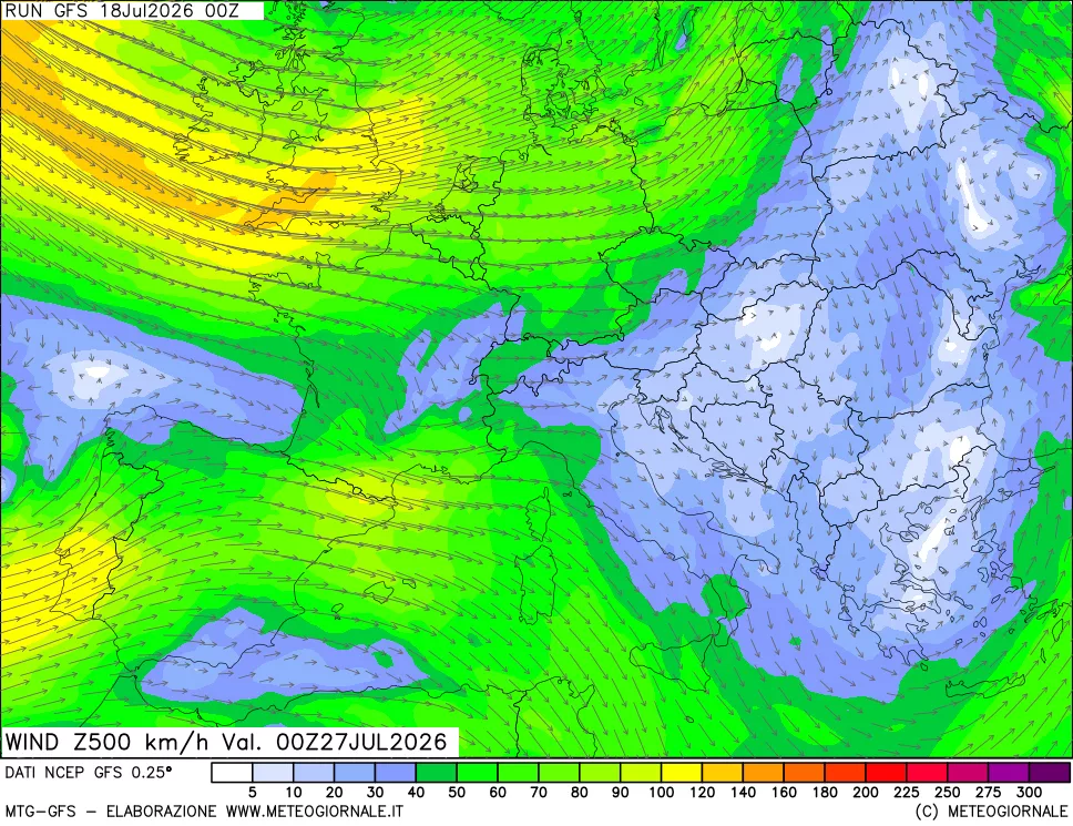 mappa 500 hPa Vento forza e direzione