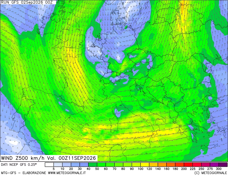 mappa 500 hPa Vento forza e direzione