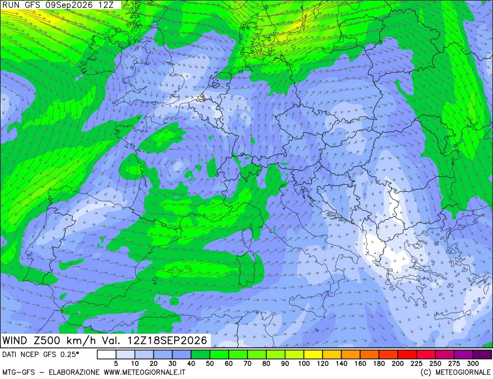 mappa 500 hPa Vento forza e direzione