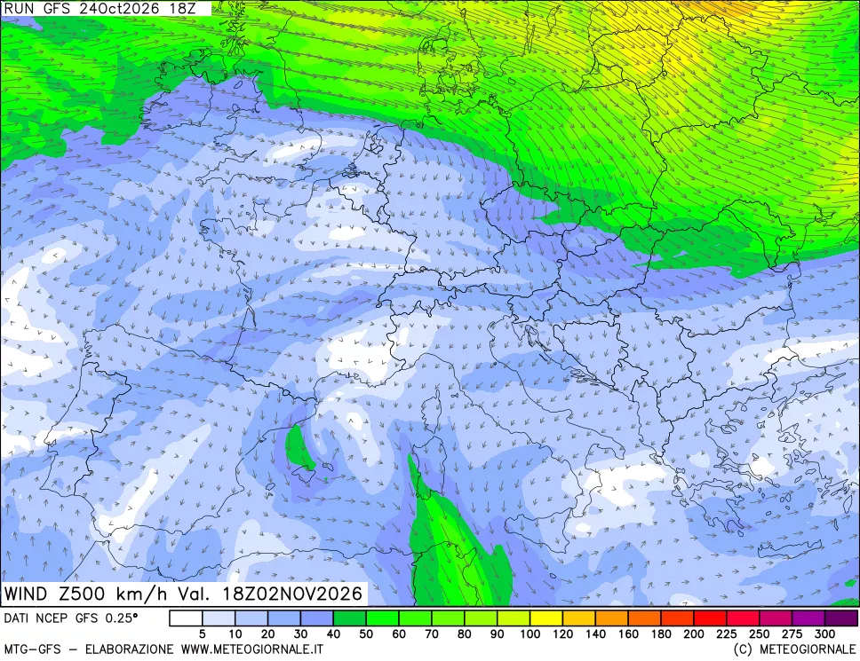 mappa 500 hPa Vento forza e direzione