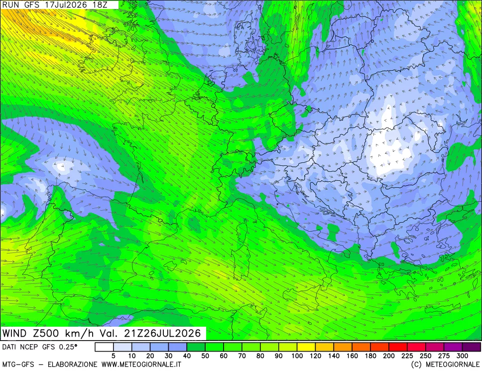 mappa 500 hPa Vento forza e direzione