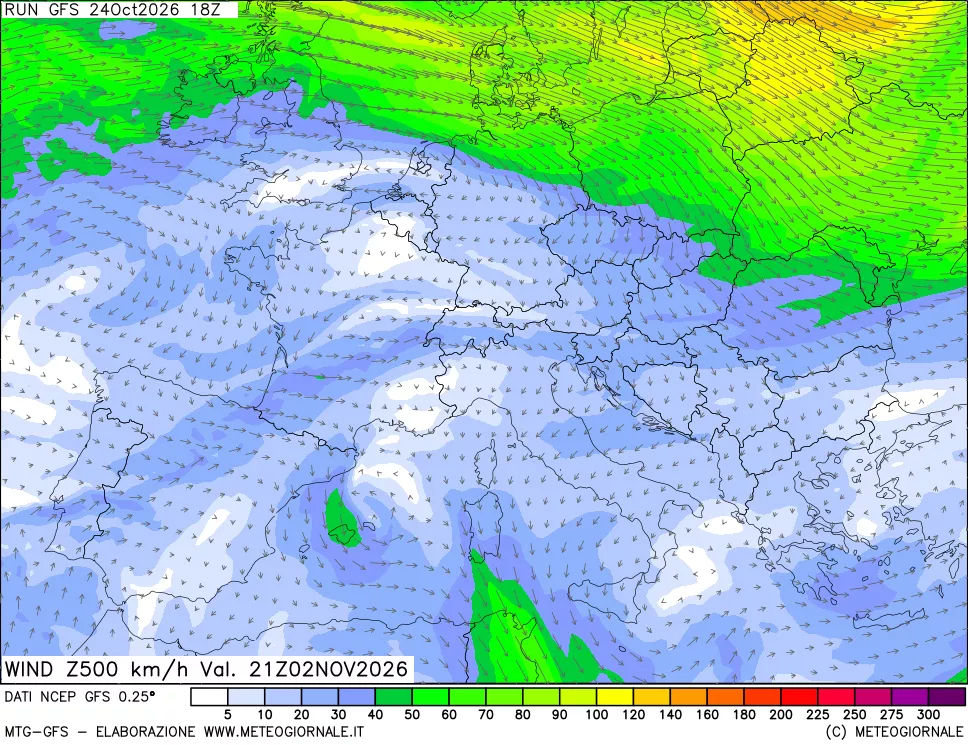 mappa 500 hPa Vento forza e direzione