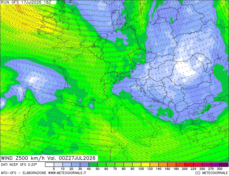 mappa 500 hPa Vento forza e direzione