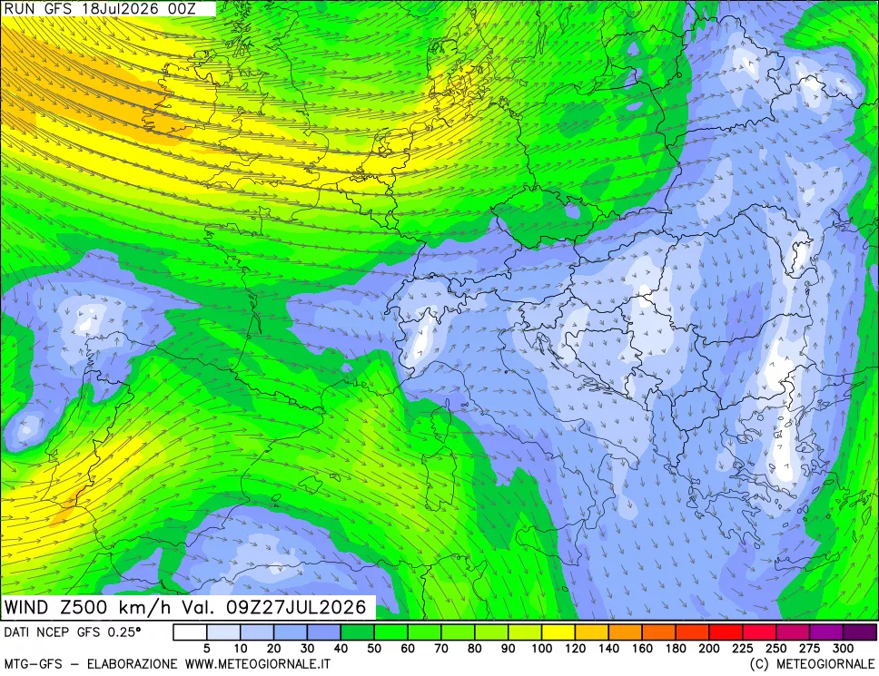 mappa 500 hPa Vento forza e direzione