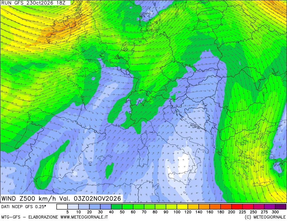 mappa 500 hPa Vento forza e direzione