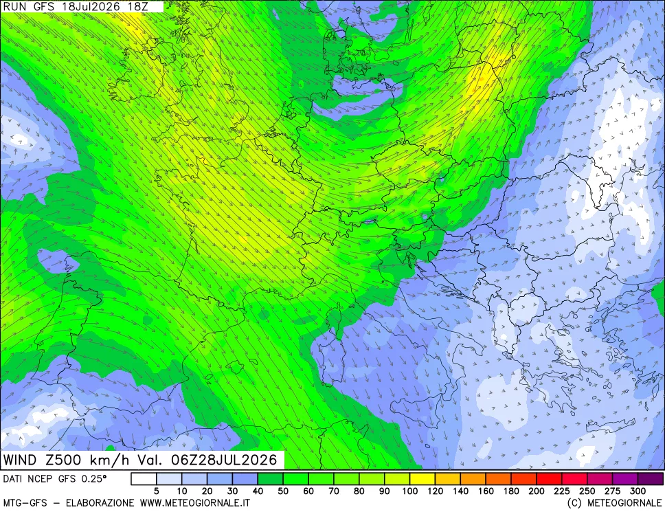 mappa 500 hPa Vento forza e direzione