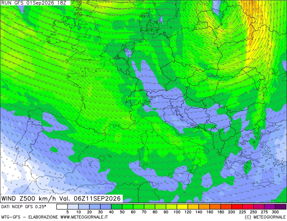 mappa 500 hPa Vento forza e direzione