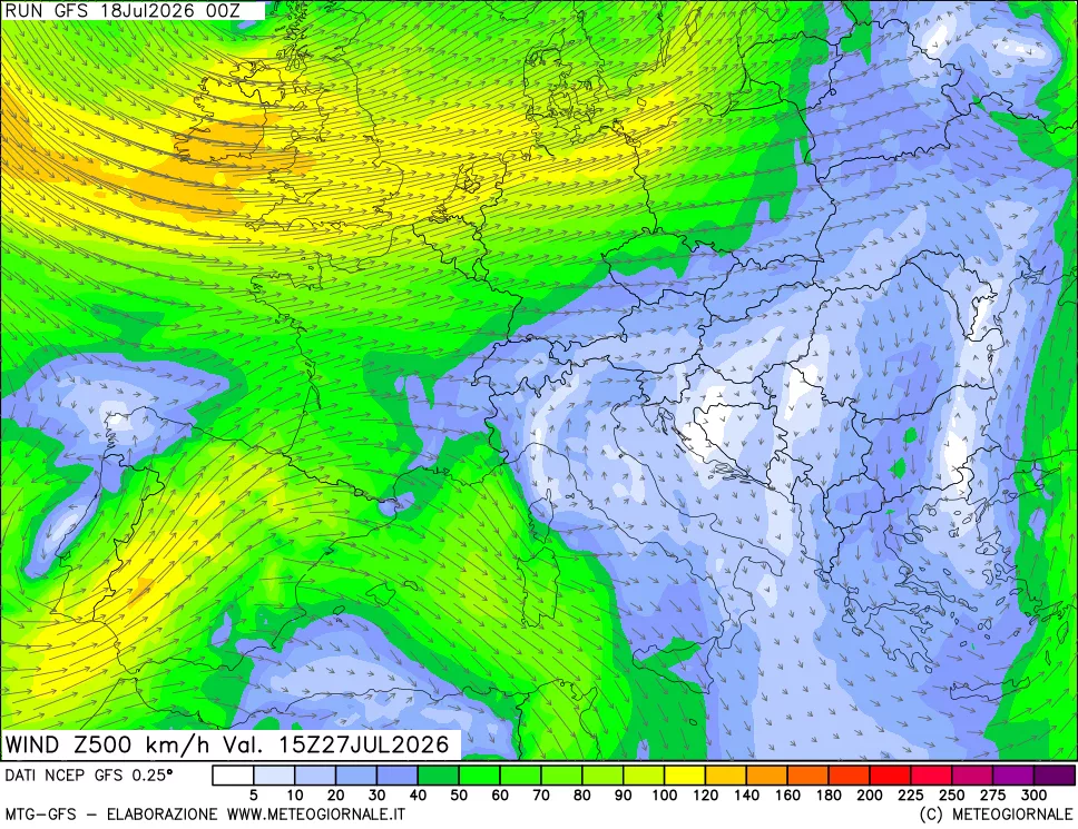 mappa 500 hPa Vento forza e direzione