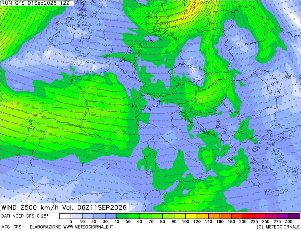mappa 500 hPa Vento forza e direzione