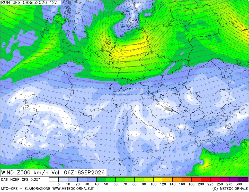 mappa 500 hPa Vento forza e direzione