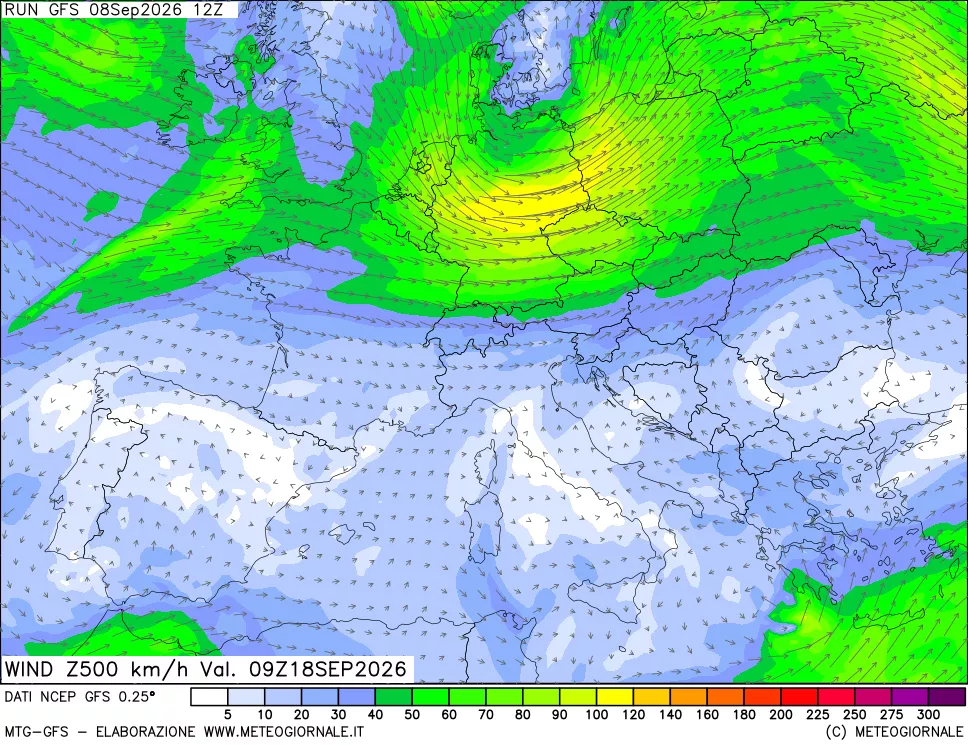 mappa 500 hPa Vento forza e direzione
