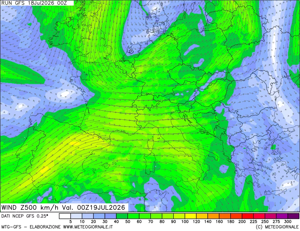 mappa 500 hPa Vento forza e direzione