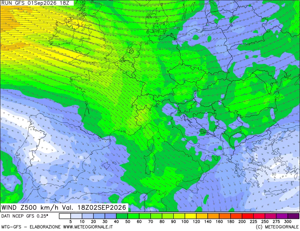 mappa 500 hPa Vento forza e direzione