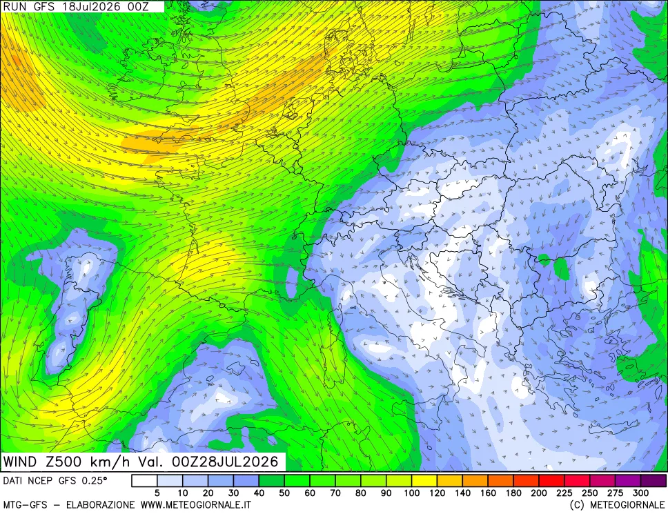 mappa 500 hPa Vento forza e direzione