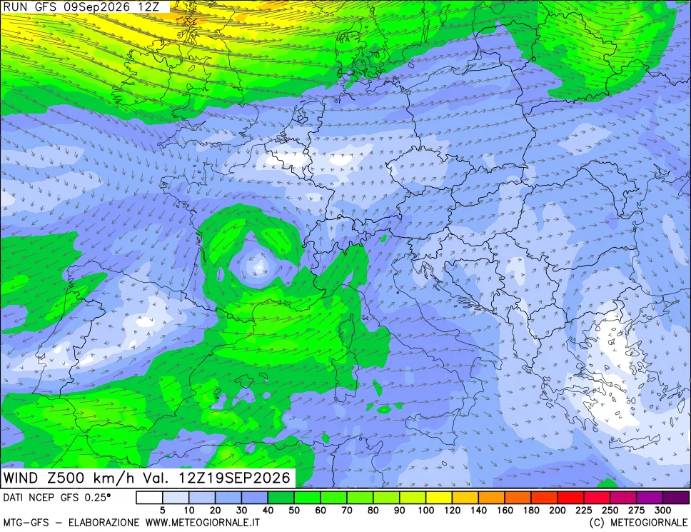 mappa 500 hPa Vento forza e direzione