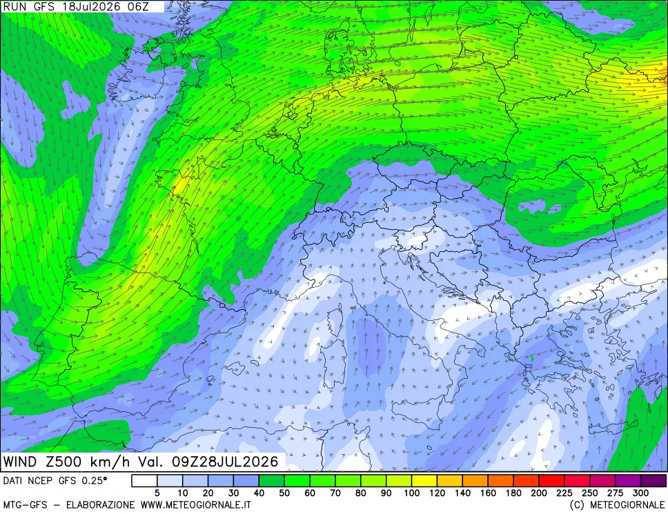 mappa 500 hPa Vento forza e direzione