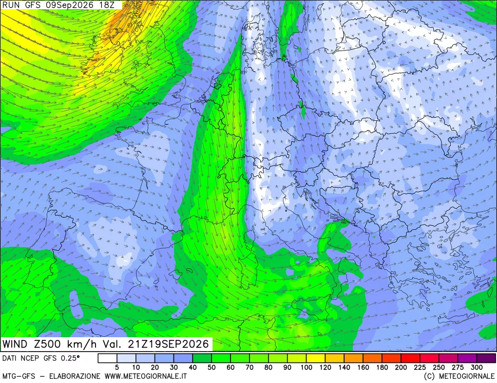 mappa 500 hPa Vento forza e direzione