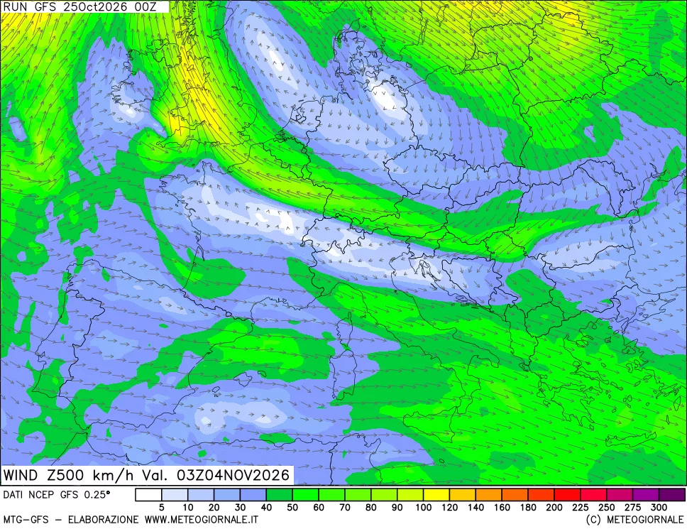 mappa 500 hPa Vento forza e direzione
