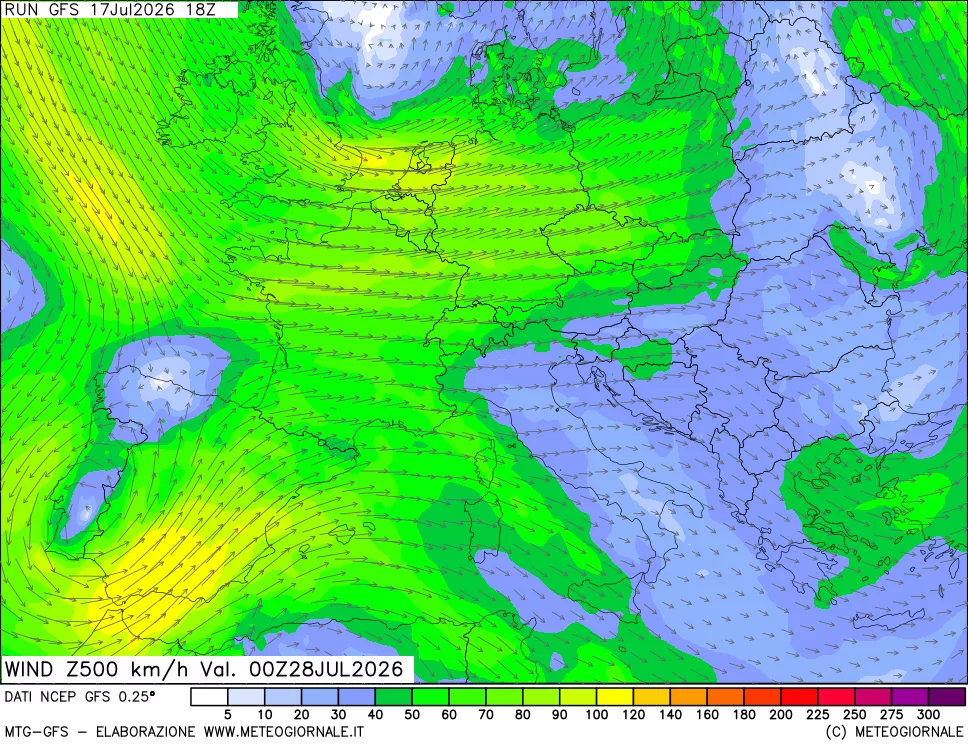 mappa 500 hPa Vento forza e direzione