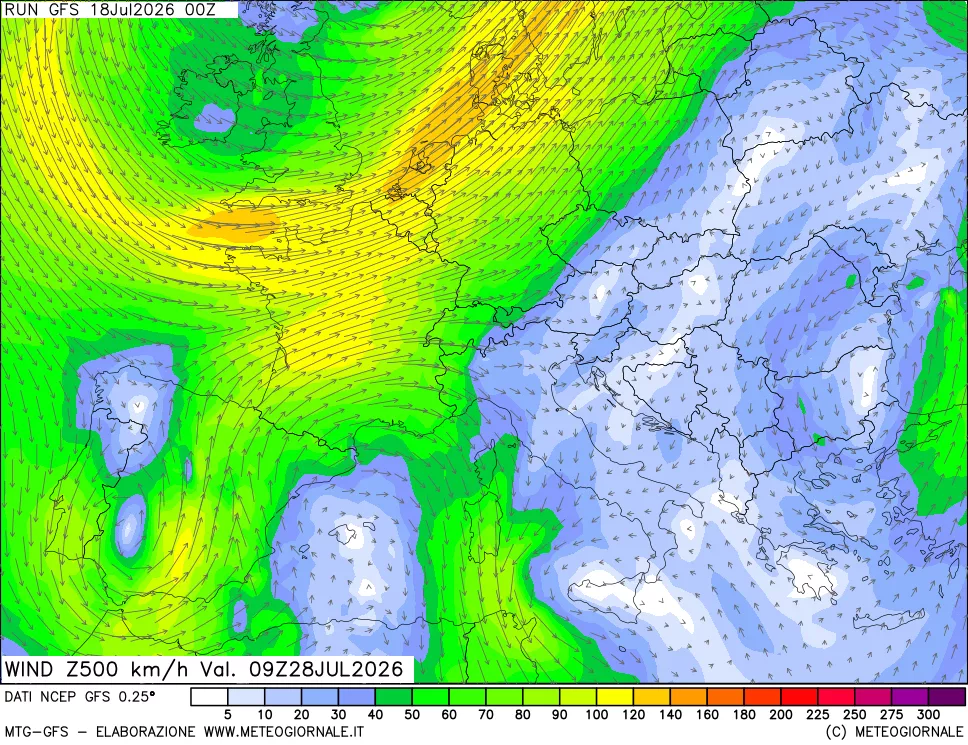 mappa 500 hPa Vento forza e direzione