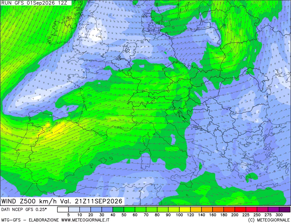 mappa 500 hPa Vento forza e direzione