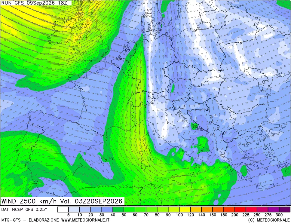 mappa 500 hPa Vento forza e direzione
