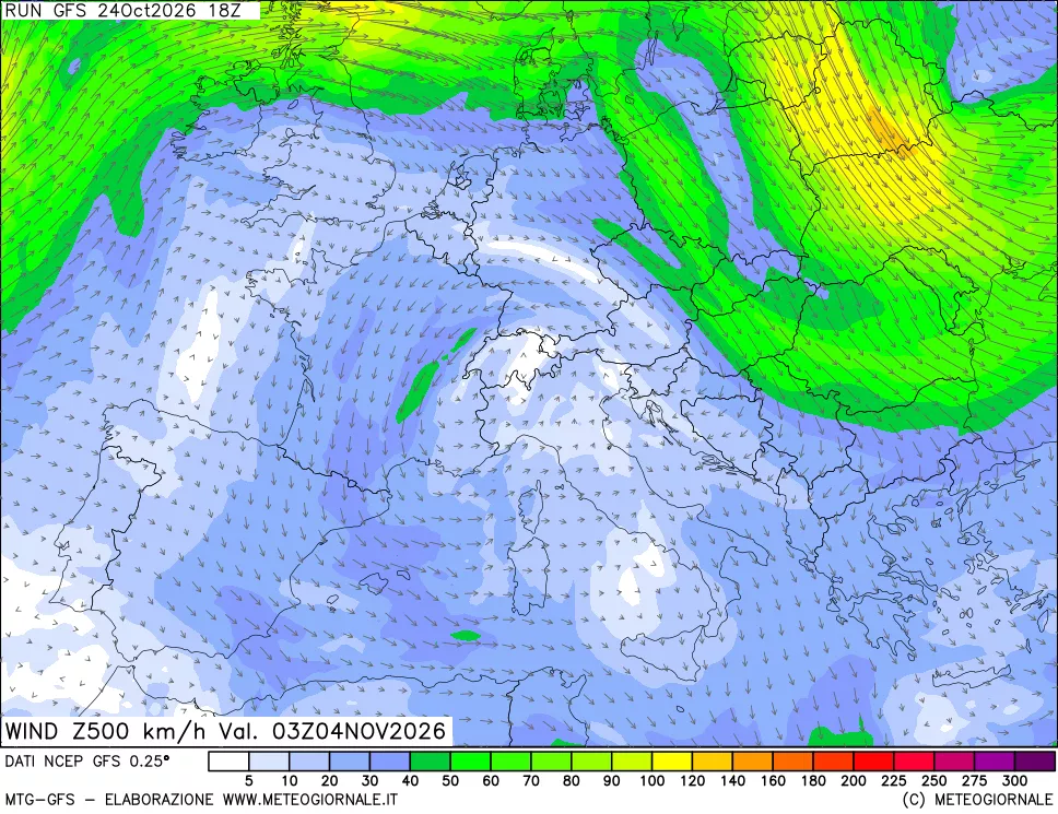 mappa 500 hPa Vento forza e direzione