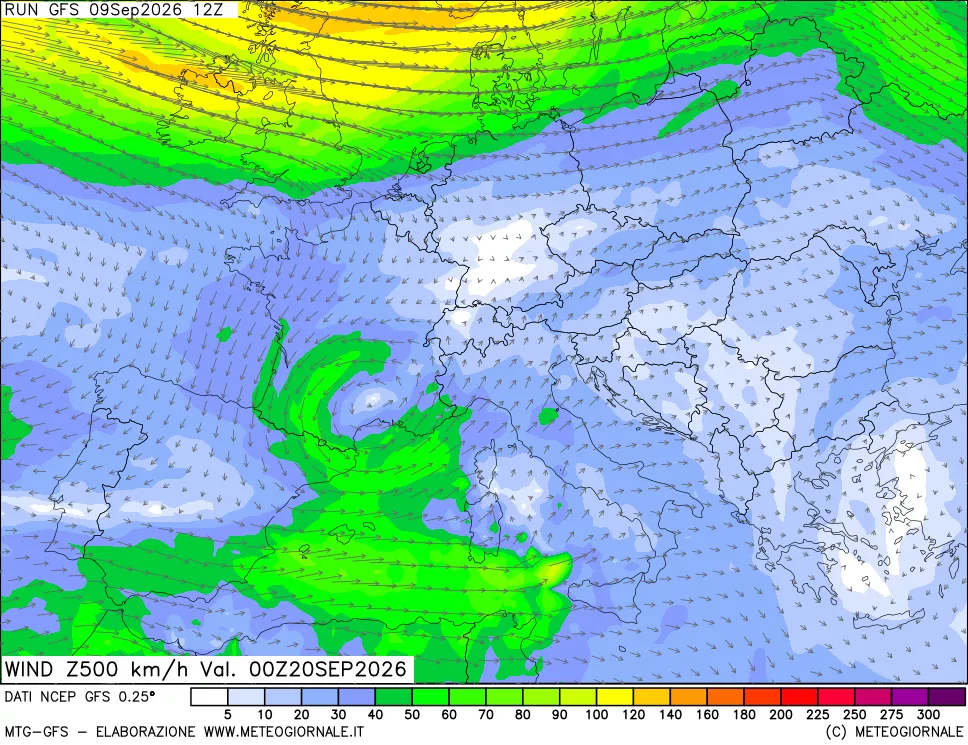 mappa 500 hPa Vento forza e direzione