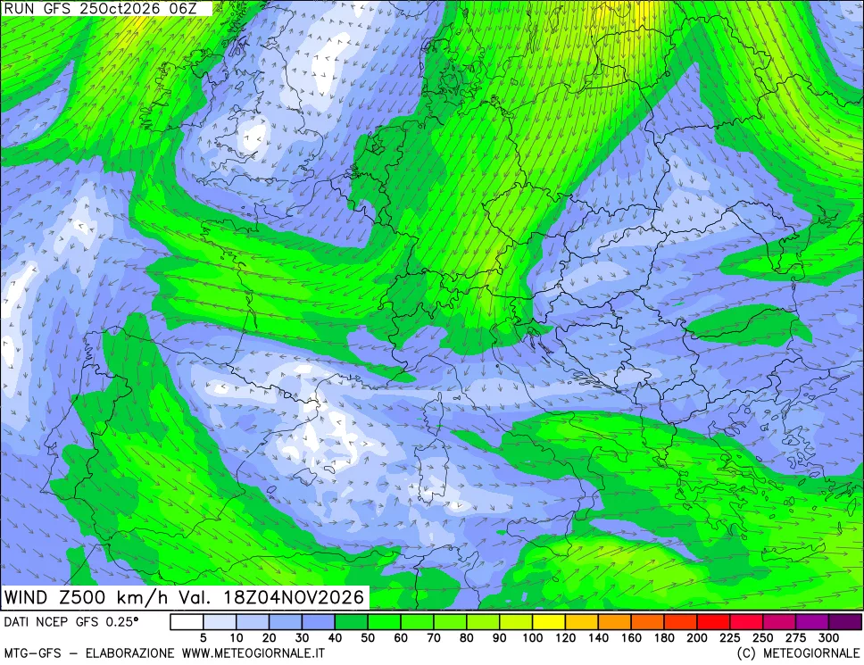 mappa 500 hPa Vento forza e direzione